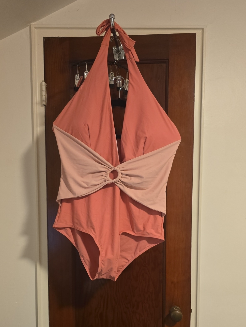 Halter One-Piece Swimsuit in Coral with Light Pink Waistband